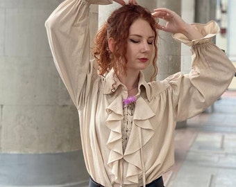 Beige linen pirate poet prince renaissance blouse victorian ruffle shirt for man and woman