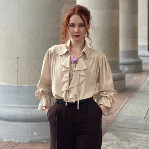 Beige linen pirate poet prince renaissance blouse victorian ruffle shirt for man and woman image 3