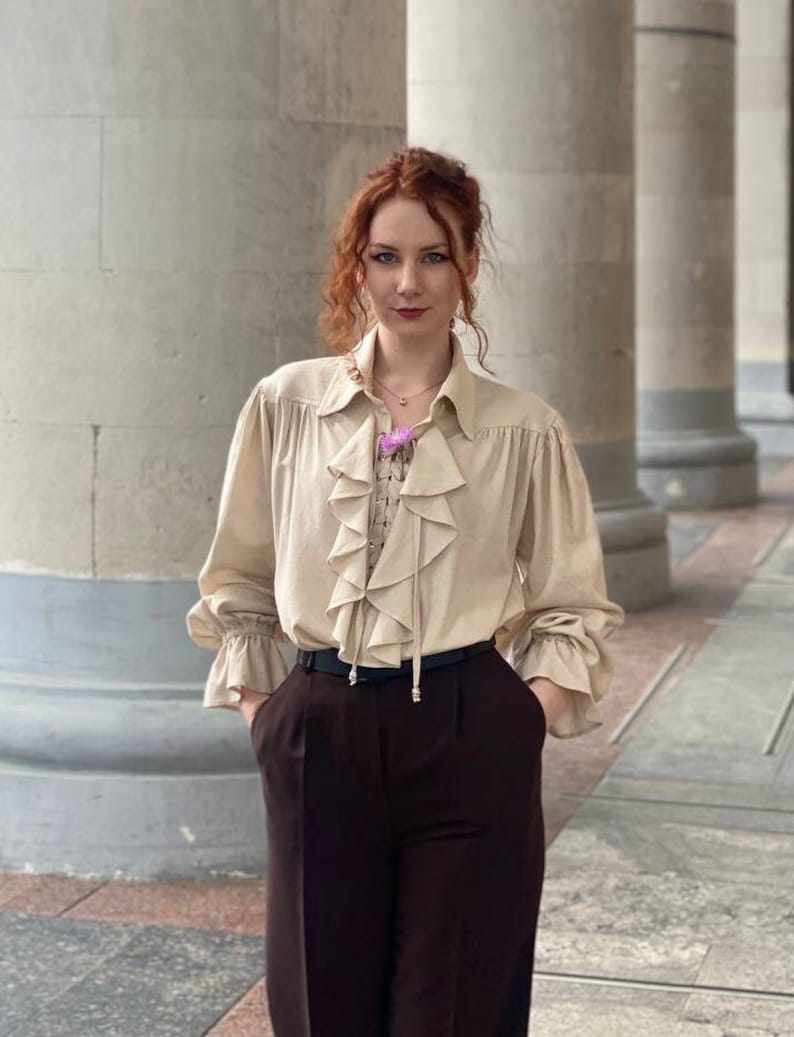 Beige linen pirate poet prince renaissance blouse victorian ruffle shirt for man and woman image 3