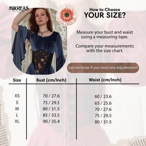 May include: A size chart graphic for a blue velvet dress with a black floral corset. The chart lists sizes XS through XL with bust measurements from 70 cm/27.6 inches to 90 cm/35.4 inches and waist measurements from 60 cm/23.6 inches to 80 cm/31.5 inches.
