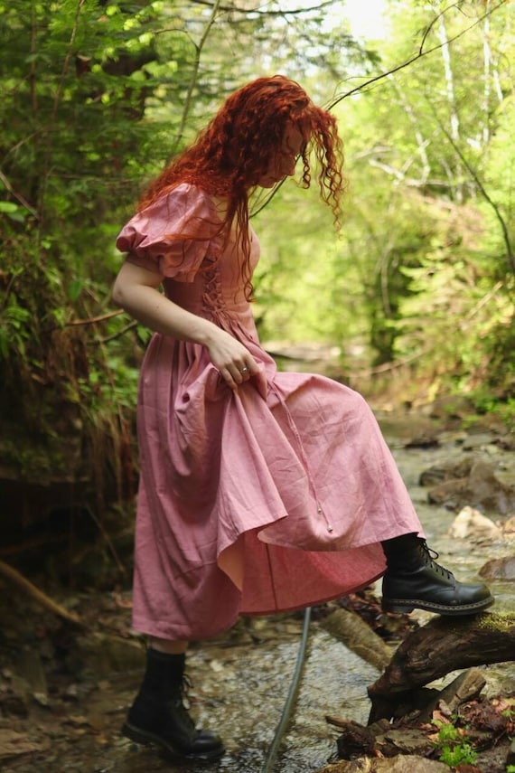 Linen Cottagecore Corset Dress, Romantic Renaissance Midi Dress, Peasant Puff Sleeve Dress, Medieval Festival Outfit, Rustic Dress for Women