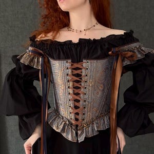 gothic lace up corset for women with structured bodice and shoulder ties, historical overbust corset in dark vintage style