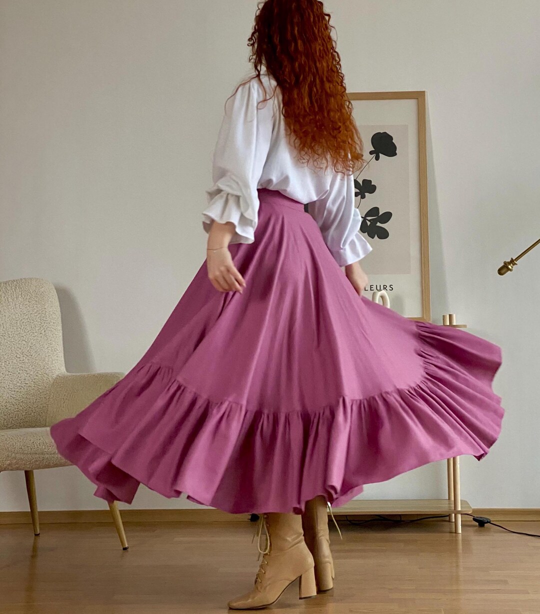 Christmas Party Linen Skirt, Elegant Long Ruffle Skirt, Holiday