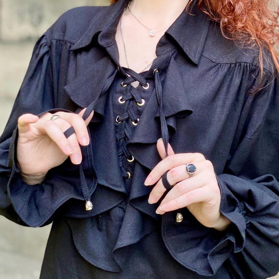 Black Linen Pirate Ruffle Shirt for Men and Women, Regency Poet