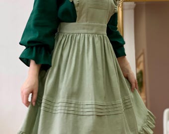 Victorian Linen Ruffle Apron for Women, Romantic Cottagecore Pinafore, Handmade Historical LARP Maid Apron, Rustic Theater Costume