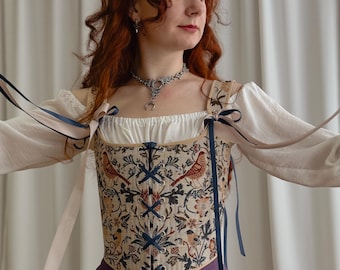Cottagecore Corset with Birds and Flowers, Back Lacing Renaissance Corset, Custom Design Bodice