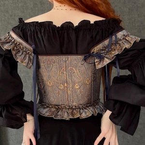 gothic lace up corset for women with structured bodice and shoulder ties, historical overbust corset in dark vintage style