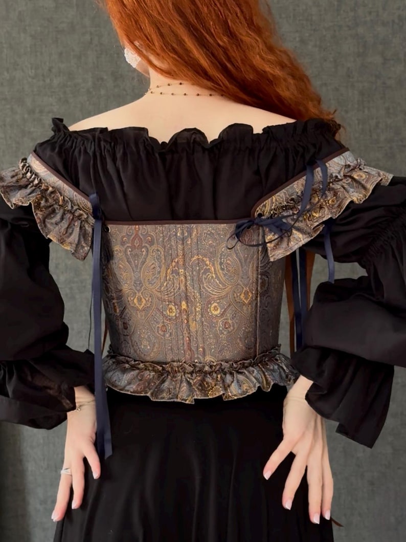 gothic lace up corset for women with structured bodice and shoulder ties, historical overbust corset in dark vintage style