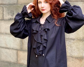Black Linen Pirate Ruffle Shirt for Men and Women, Regency Poet Blouse with Lace Up Front, Renaissance LARP Top, Gothic Victorian Shirt