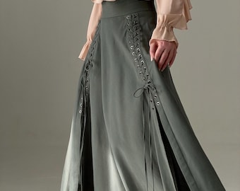 Vintage Leinen Rock, Mittelalter Rock, LARP Halbkreis Rock mit Schlitzen, Cottagecore Ren Faire Kleidung