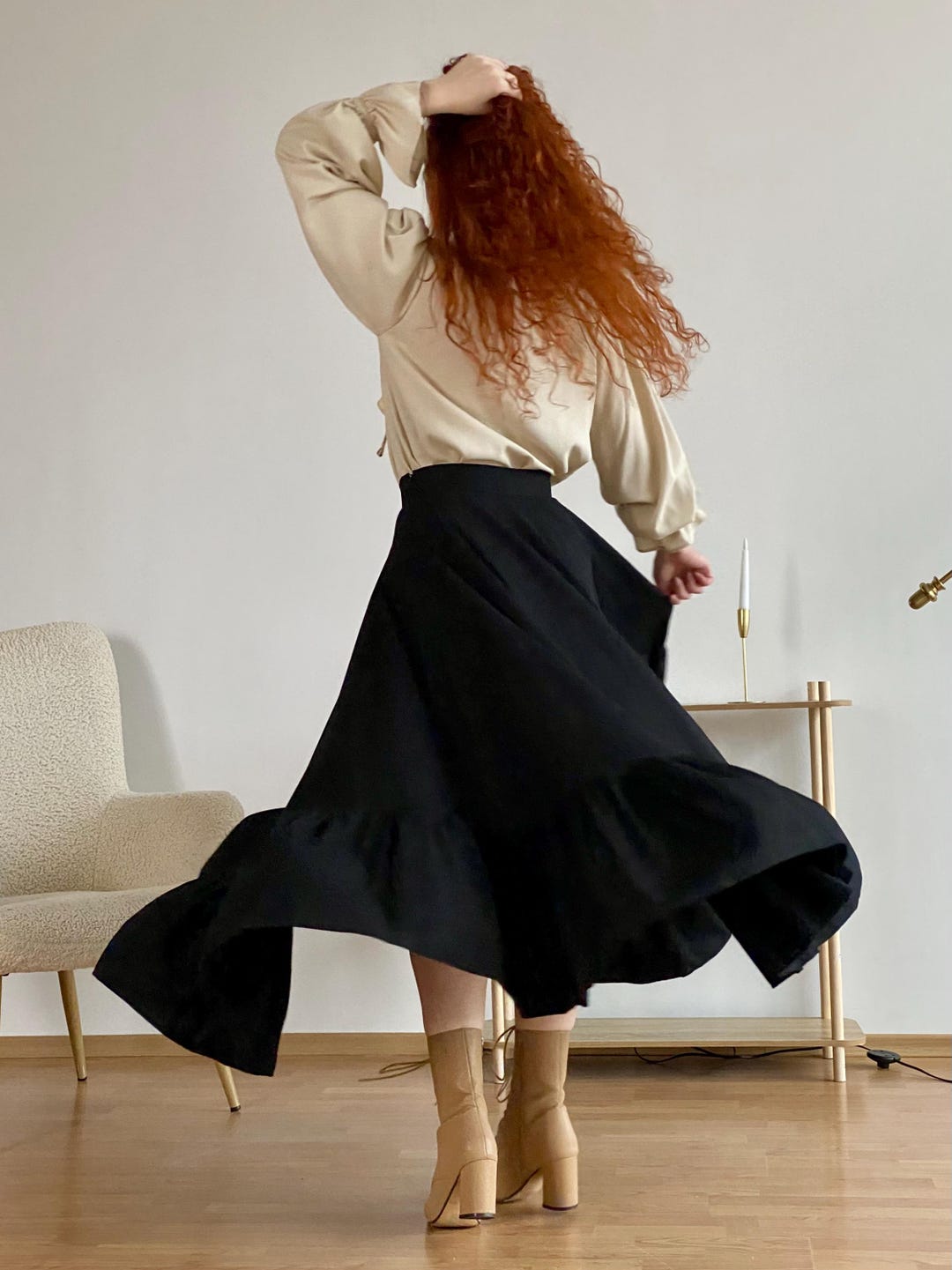 Vintage Linen Maxi Skirt Black White Folkloric Boho Cottagecore Prairie Skirt