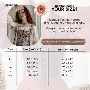 Puede incluir: Una gu&iacute;a de tallas para un cors&eacute; con una persona vistiendo una blusa color crema y un cors&eacute; estampado con motivos de aves y flores. El texto dice How to Choose YOUR SIZE, con una tabla que enumera las medidas de busto y cintura en cm y pulgadas.