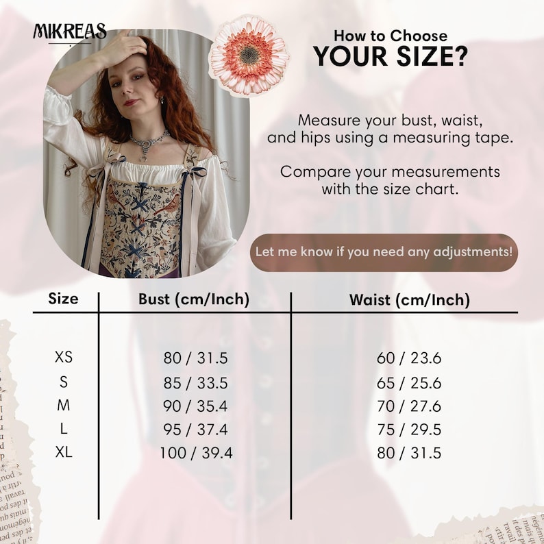 Puede incluir: Una gu&iacute;a de tallas para un cors&eacute; con una persona vistiendo una blusa color crema y un cors&eacute; estampado con motivos de aves y flores. El texto dice How to Choose YOUR SIZE, con una tabla que enumera las medidas de busto y cintura en cm y pulgadas.