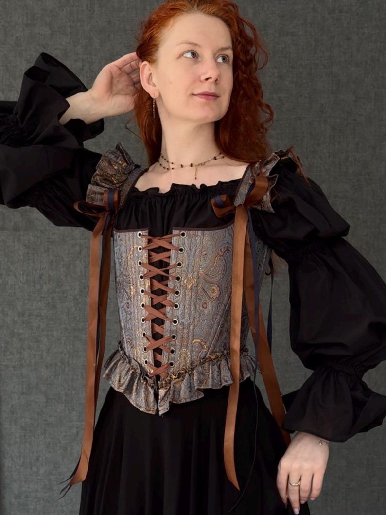 gothic lace up corset for women with structured bodice and shoulder ties, historical overbust corset in dark vintage style