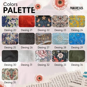 Puede incluir: Una paleta de colores etiquetada como MIKREAS que presenta quince muestras de tela distintas numeradas del 20 al 35. Las muestras muestran varios patrones, incluidos florales, cachemir, damasco y texturas s&oacute;lidas en azul, rojo, amarillo y negro.