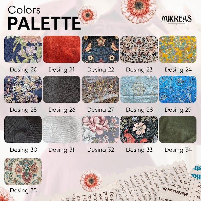 Puede incluir: Una paleta de colores etiquetada como MIKREAS que presenta quince muestras de tela distintas numeradas del 20 al 35. Las muestras muestran varios patrones, incluidos florales, cachemir, damasco y texturas s&oacute;lidas en azul, rojo, amarillo y negro.