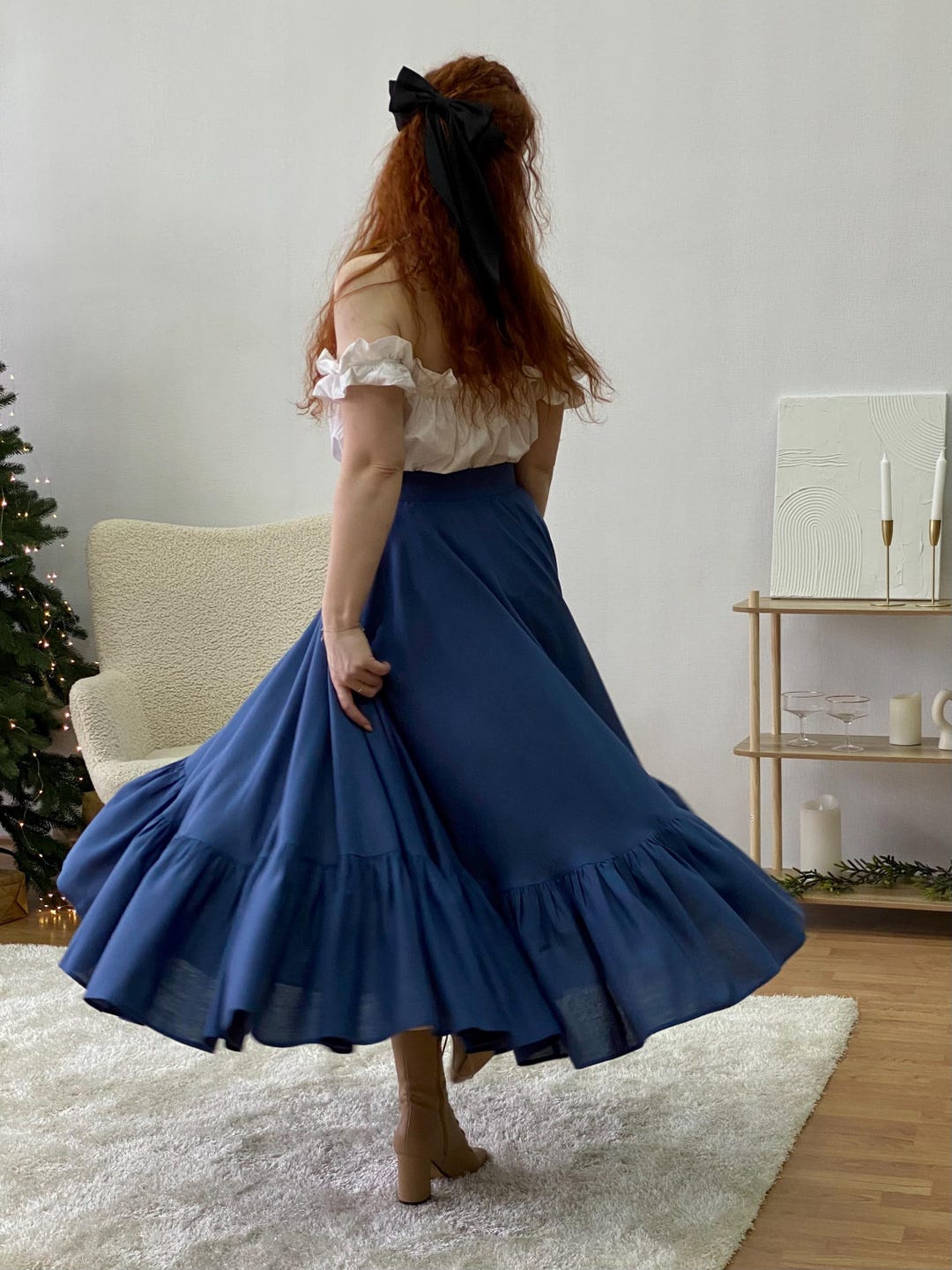 Linen Circle Skirt With Ruffle Hem, Custom Waist Maxi Skirt