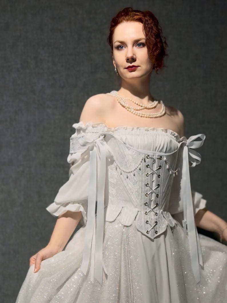 white satin jacquard renaissance corset with lace up front and back, structured overbust bodice with boning and optional straps