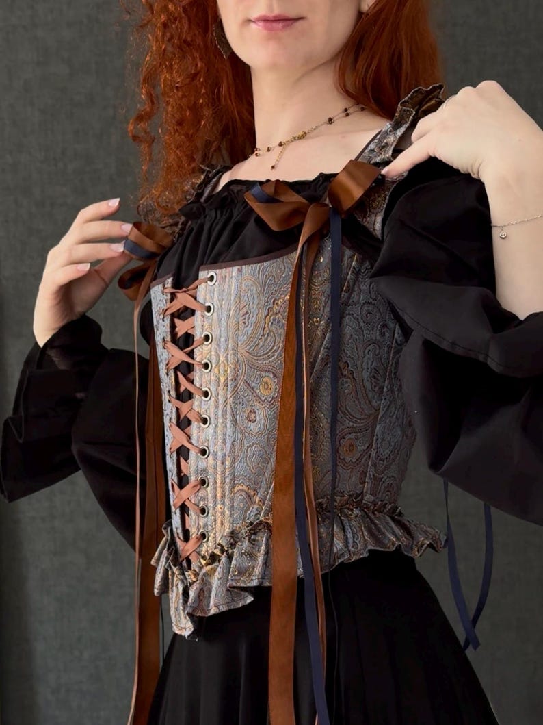 gothic lace up corset for women with structured bodice and shoulder ties, historical overbust corset in dark vintage style
