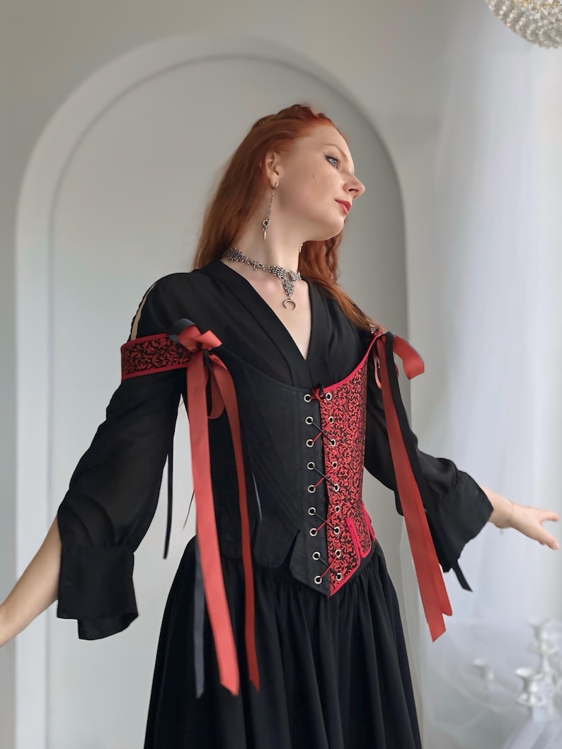 renaissance red and black lace up corset for women, handmade victorian historical bodice, gothic fantasy larp corset with detachable straps