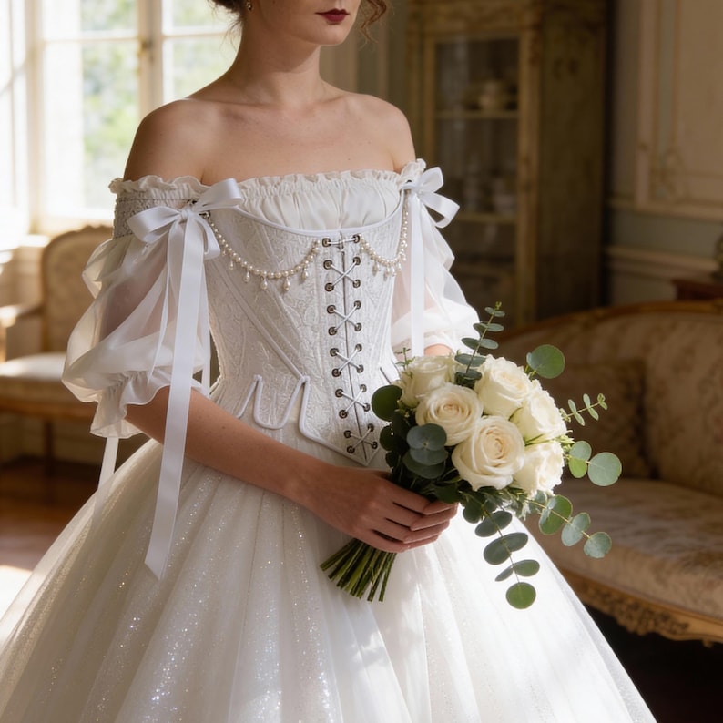 white satin jacquard renaissance corset with lace up front and back, structured overbust bodice with boning and optional straps