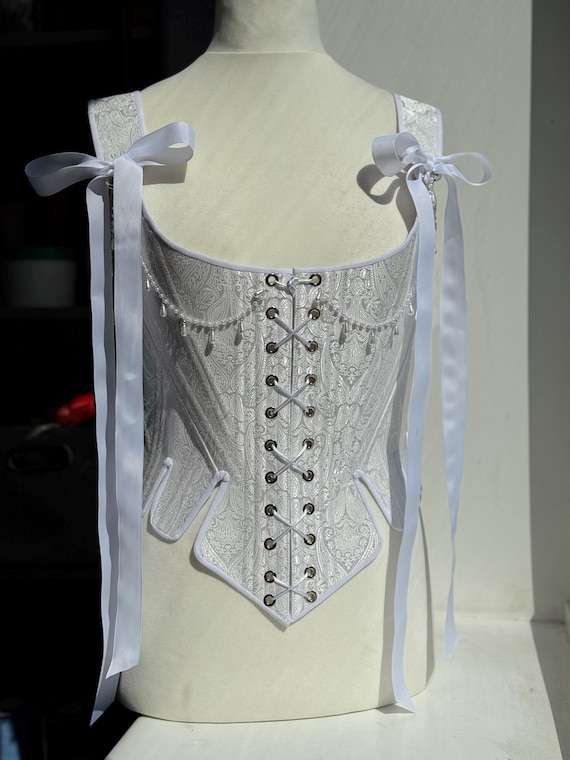 Renaissance White Corset, Satin Jacquard Overbust Bodice, Medieval Lace Up Corset Top, Historical LARP Costume, Vintage Style Bustier