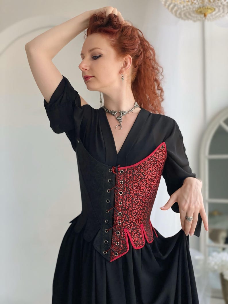 renaissance red and black lace up corset for women, handmade victorian historical bodice, gothic fantasy larp corset with detachable straps