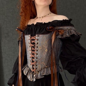 gothic lace up corset for women with structured bodice and shoulder ties, historical overbust corset in dark vintage style