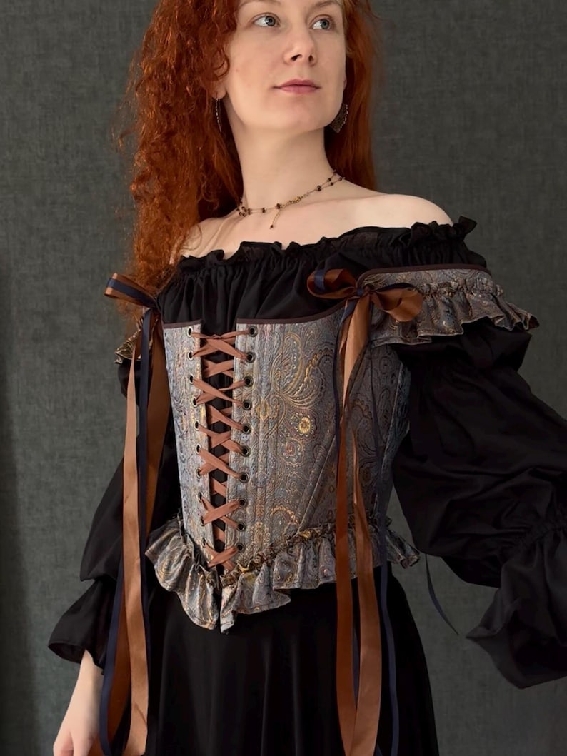 gothic lace up corset for women with structured bodice and shoulder ties, historical overbust corset in dark vintage style