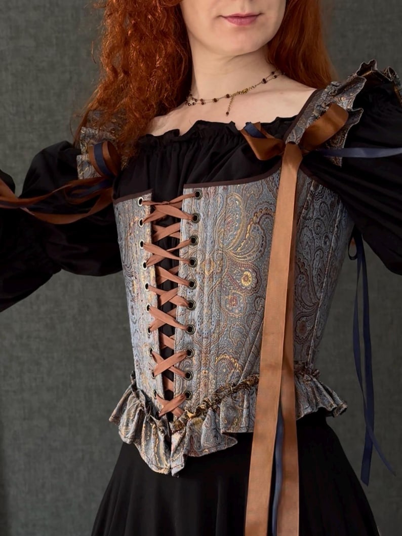 gothic lace up corset for women with structured bodice and shoulder ties, historical overbust corset in dark vintage style