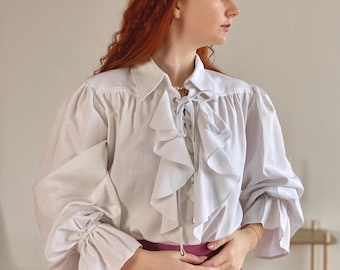 Renaissance-dichtershirt Unisex, middeleeuwse piratenblouse, linnen LARP-kostuumtop, historisch festivalshirt, shirt Regency Ruffle, Gothic Wear