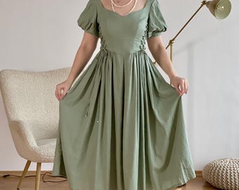 Leinen Seite Spitze Kleid, Renaissance Cottagecore Midi Kleid, Vintage inspirierte Puffärmel Mittelalter Kleid, LARP Fantasy Outfit, Boho Fairy Kleid