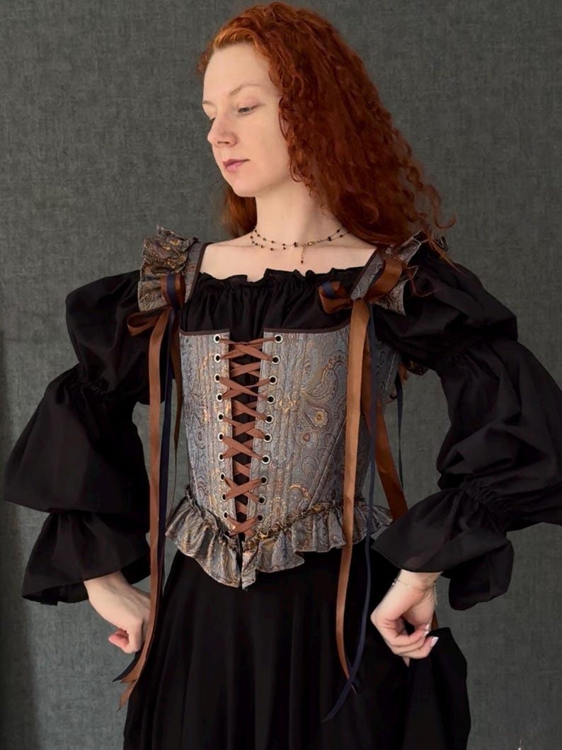 gothic lace up corset for women with structured bodice and shoulder ties, historical overbust corset in dark vintage style