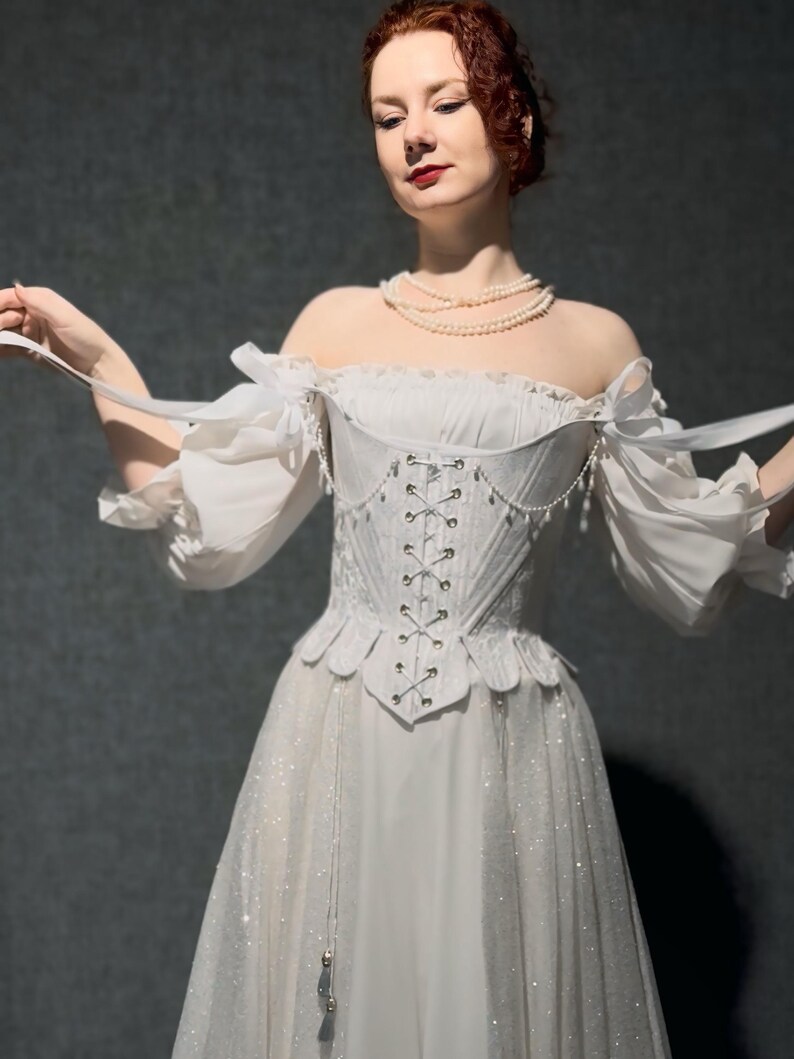 white satin jacquard renaissance corset with lace up front and back, structured overbust bodice with boning and optional straps