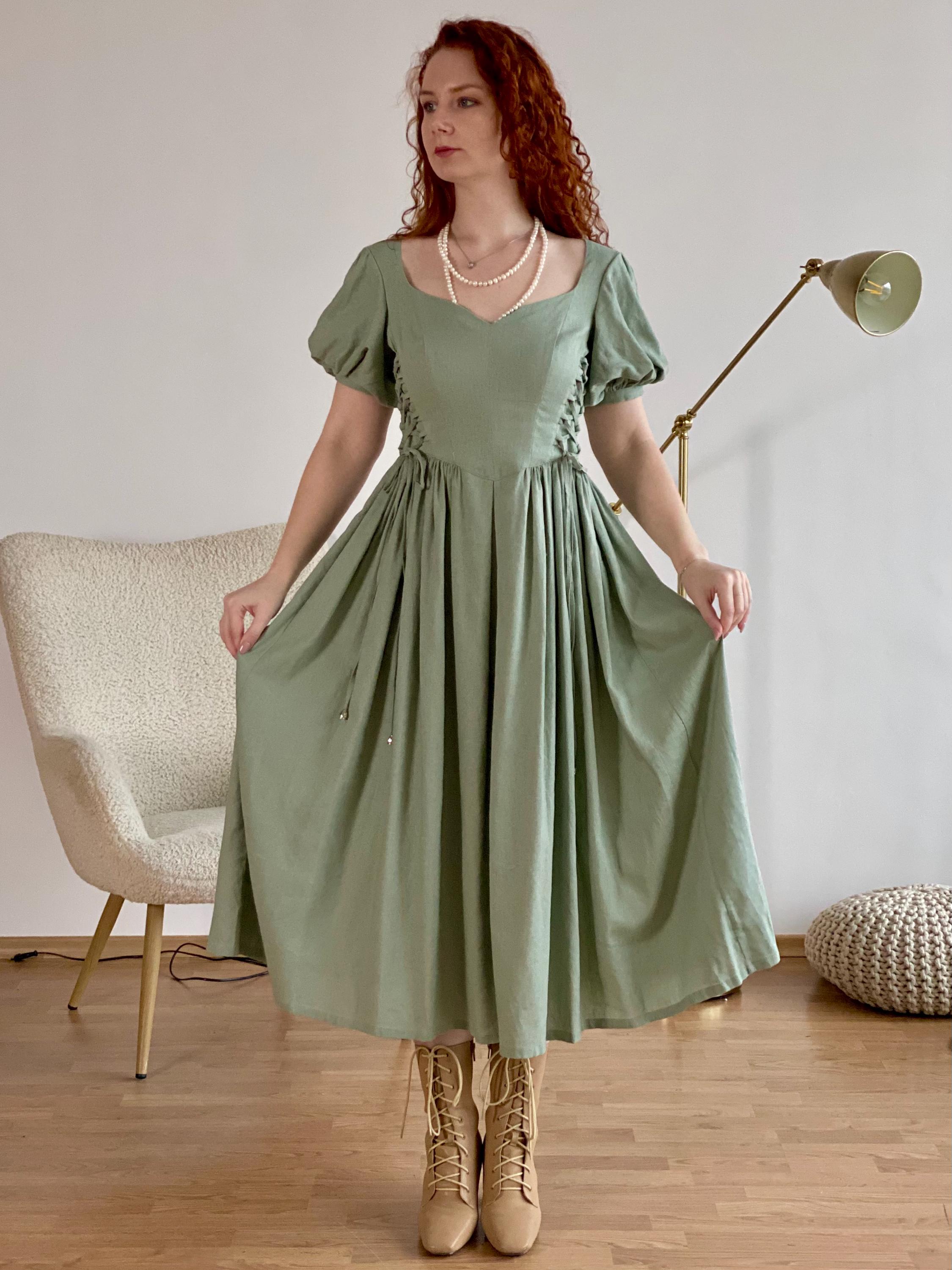 Renaissance Linen Dress for Women, Cottagecore Midi Dress, Puff Sleeve Lace  up Dress, Medieval Fantasy Outfit, Victorian Style Summer Dress - Etsy