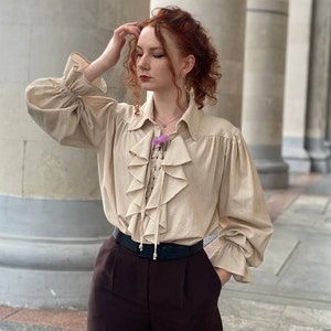 Beige linen pirate poet prince renaissance blouse victorian ruffle shirt for man and woman image 4