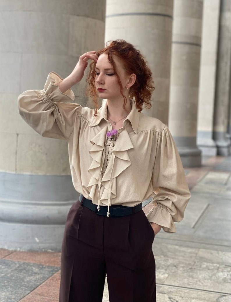 Beige linen pirate poet prince renaissance blouse victorian ruffle shirt for man and woman image 4