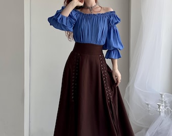 Leinenrock mit Schlitzen und Schnürung, Mittelalterlicher Renaissance Halbkreis Rock, Eleganter Rock mit Hoher Taille, Boho Fantasy historischen Cosplay Outfit