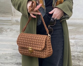 Hand knit bag / drawstring bag / knitted bag / women's bag / knitted bag / gray bag / brown bag / shoulder bag