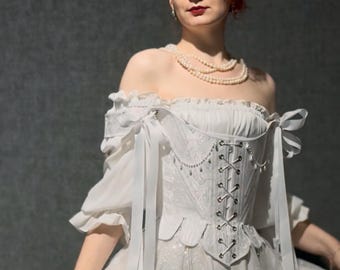 Bruids renaissance korset top, wit satijnen jacquard bruiloft lijfje, Fairycore veter corset voor bruid, handgemaakt historisch korset vest
