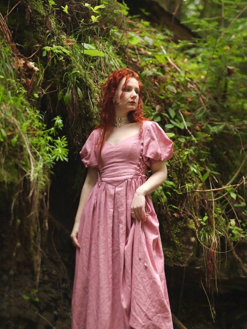 Linen Cottagecore Corset Dress, Romantic Renaissance Midi Dress, Peasant Puff Sleeve Dress, Medieval Festival Outfit, Rustic Dress for Women