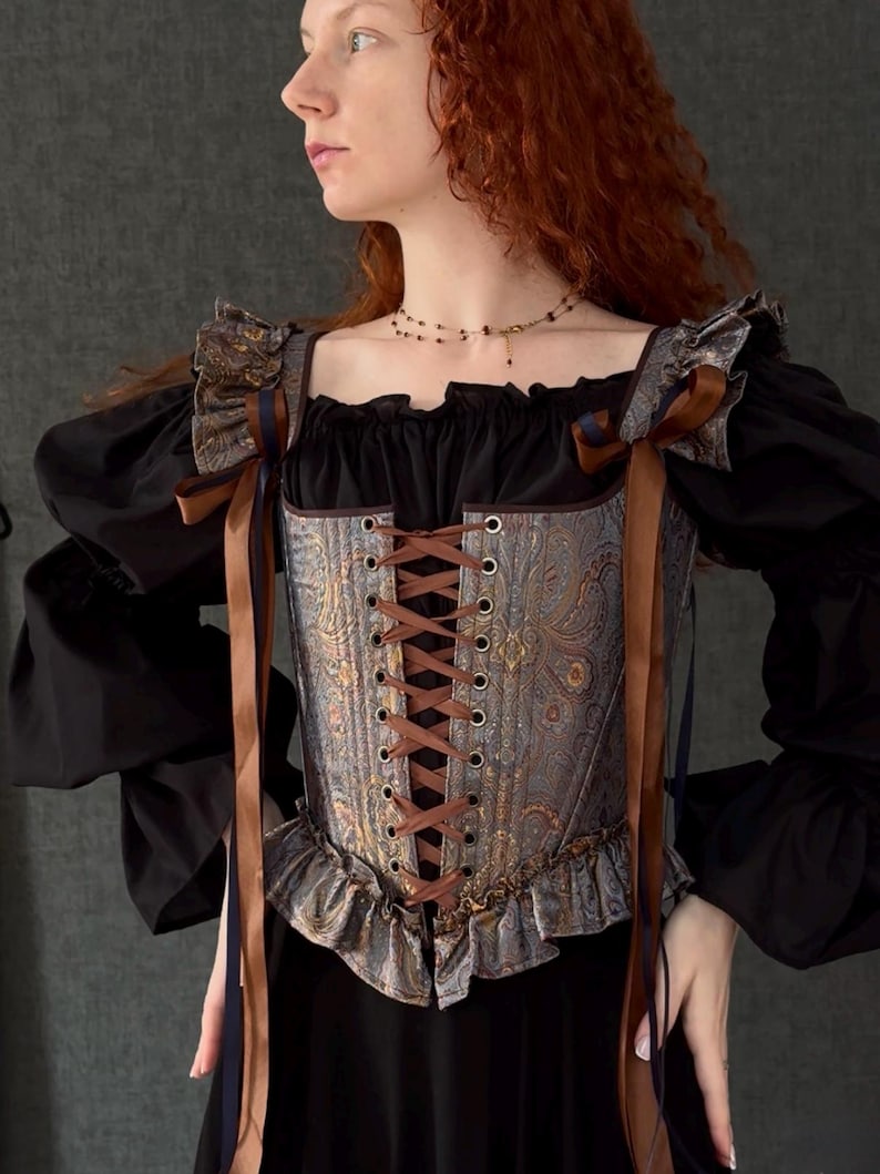 gothic lace up corset for women with structured bodice and shoulder ties, historical overbust corset in dark vintage style