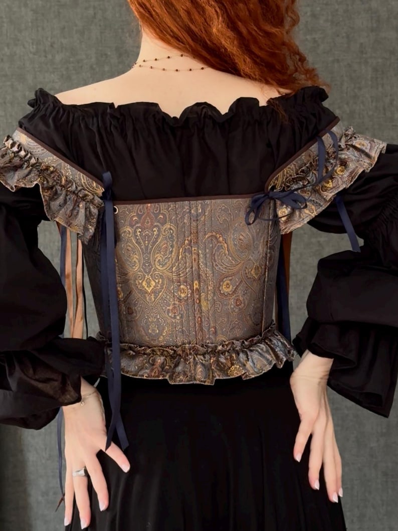 gothic lace up corset for women with structured bodice and shoulder ties, historical overbust corset in dark vintage style