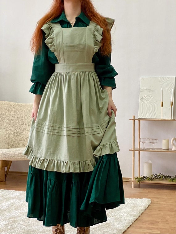 Ruffled Pinafore Apron, Linen Apron for Gift, Retro Womens