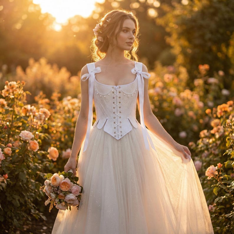 white satin jacquard renaissance corset with lace up front and back, structured overbust bodice with boning and optional straps
