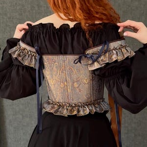 gothic lace up corset for women with structured bodice and shoulder ties, historical overbust corset in dark vintage style