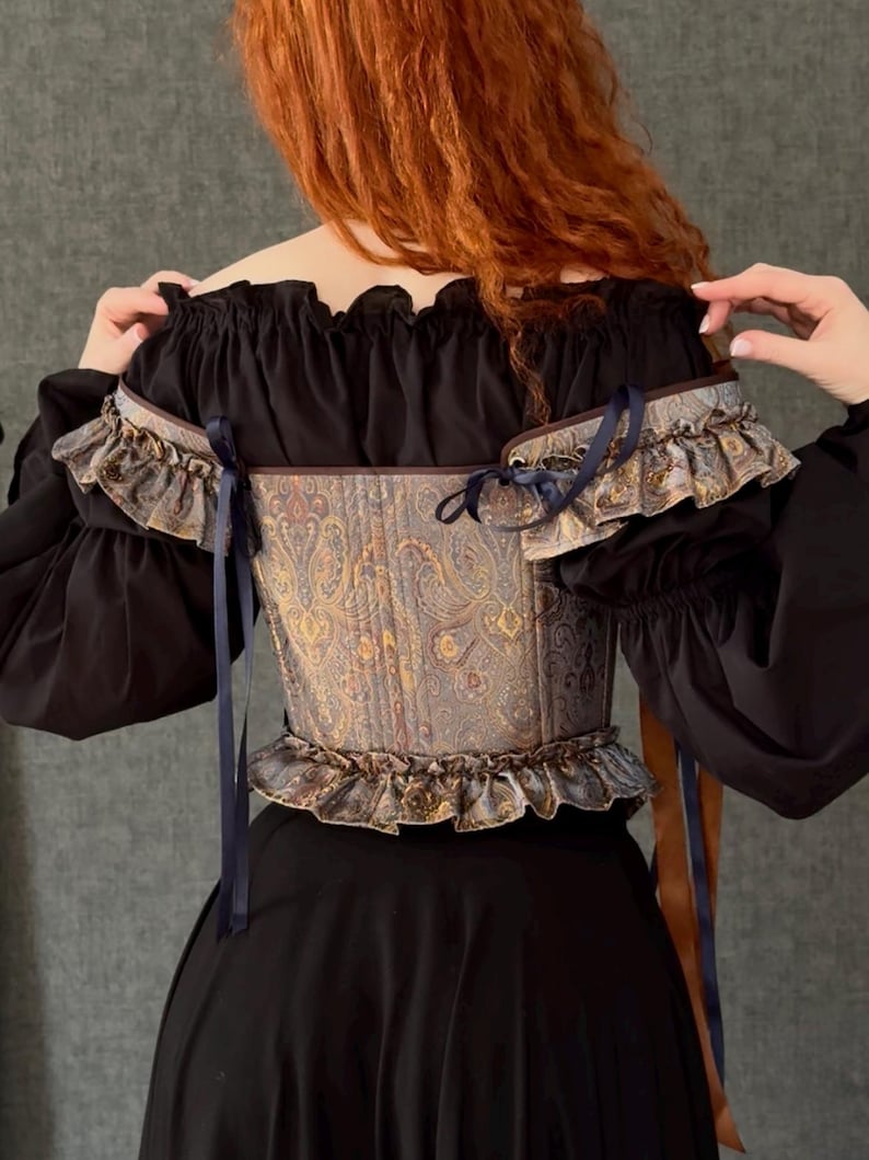 gothic lace up corset for women with structured bodice and shoulder ties, historical overbust corset in dark vintage style