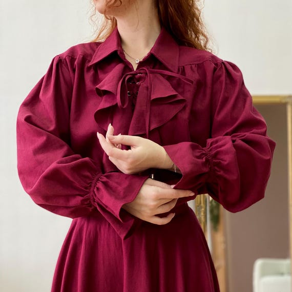 burgundy dress blouse Renaissance Poet Shirt, Gothic Lace Up with Ruffles, Medieval Pirate Frill Shirt, Gothic Linen Top, Fall LARP Festival Outfit Color::Burgundy