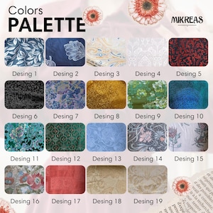 Puede incluir: Una tabla de paleta de colores etiquetada como Colors PALETTE por MIKREAS que presenta diecinueve muestras de tela distintas con varios patrones florales, de cachemira y geom&eacute;tricos en tonos azul, verde, oro, rojo, negro y blanco, en una cuadr&iacute;cula.