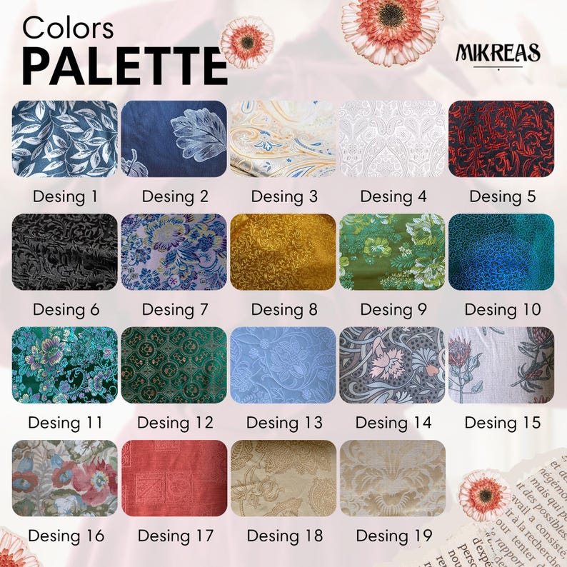 Puede incluir: Una tabla de paleta de colores etiquetada como Colors PALETTE por MIKREAS que presenta diecinueve muestras de tela distintas con varios patrones florales, de cachemira y geom&eacute;tricos en tonos azul, verde, oro, rojo, negro y blanco, en una cuadr&iacute;cula.